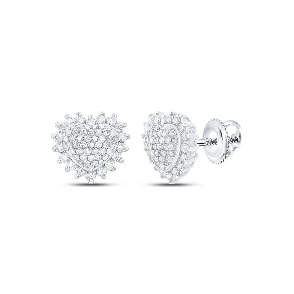 0.63Cttw Diamond Heart Cluster Stud Earrings 10k White Gold Screw Back