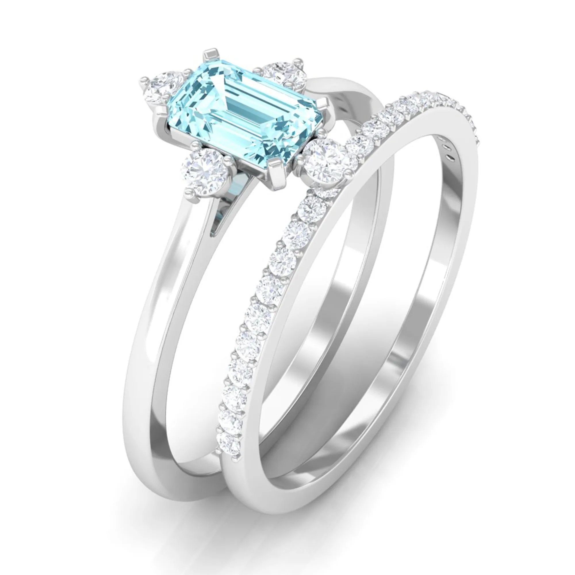 1.25 Ct Octagon Solitaire Aquamarine and Diamond Ring Set