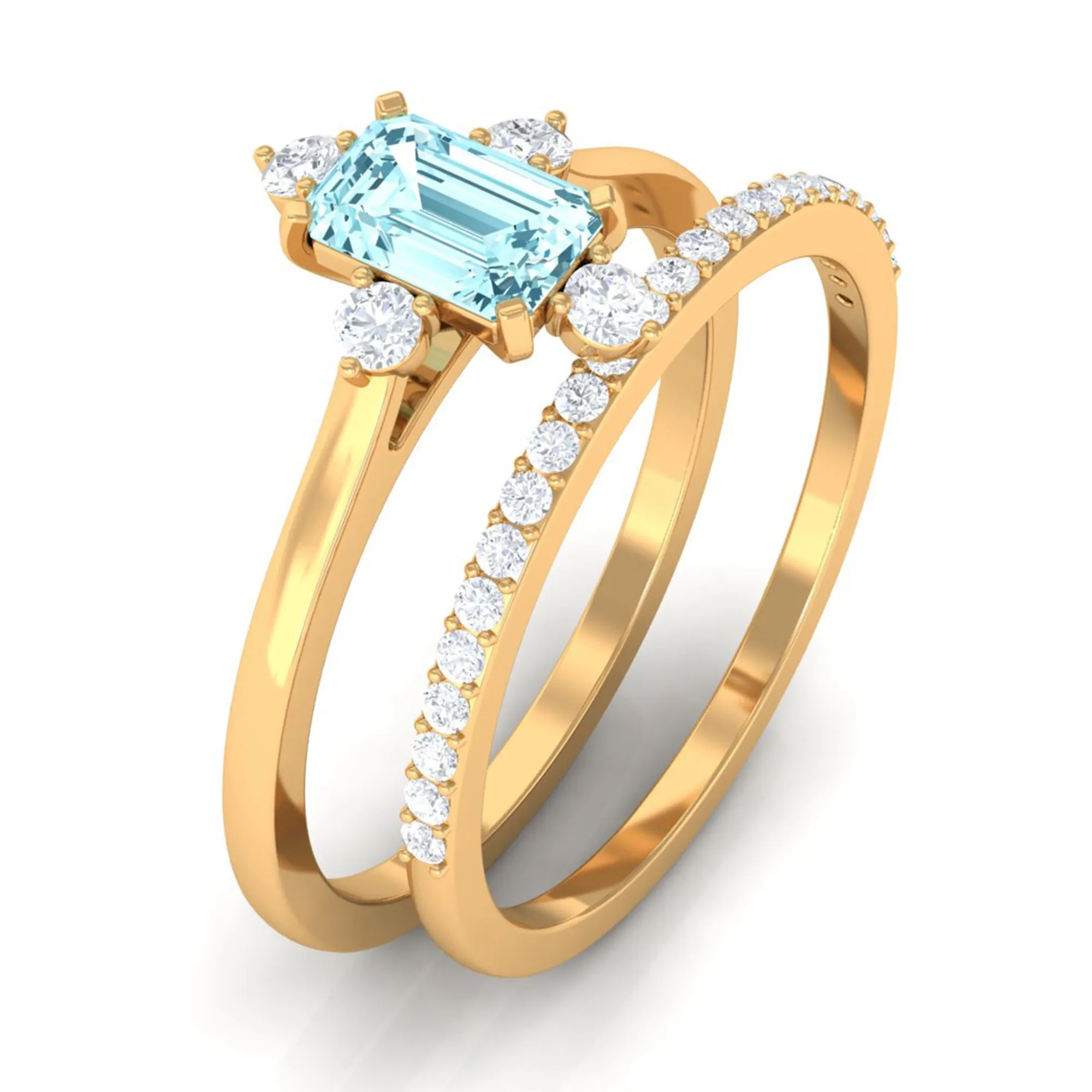 1.25 Ct Octagon Solitaire Aquamarine and Diamond Ring Set