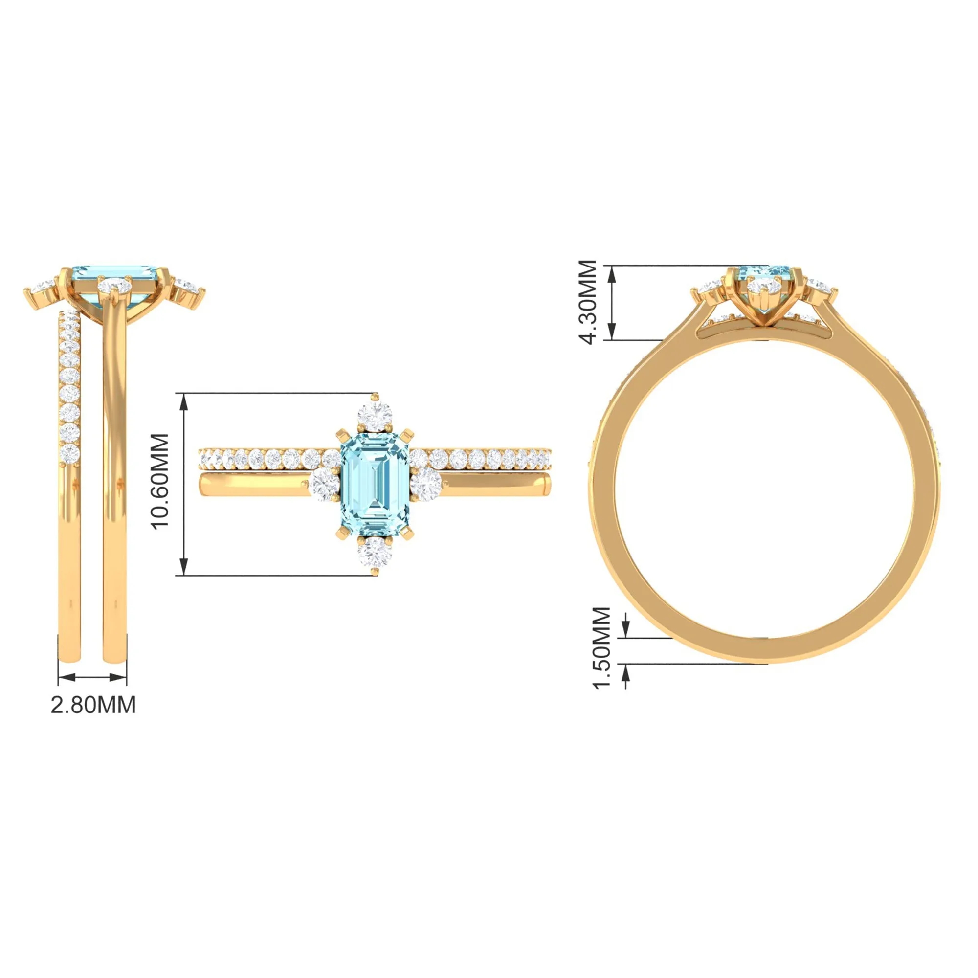 1.25 Ct Octagon Solitaire Aquamarine and Diamond Ring Set