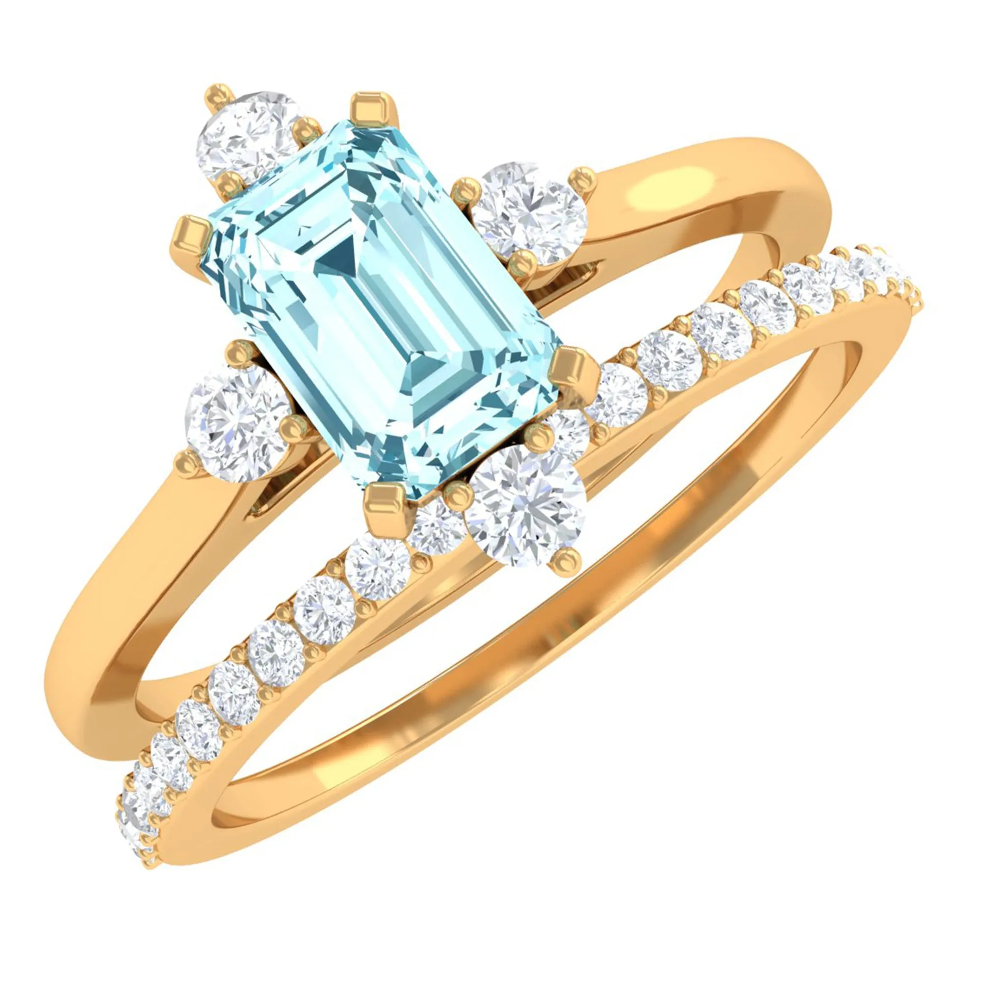 1.25 Ct Octagon Solitaire Aquamarine and Diamond Ring Set