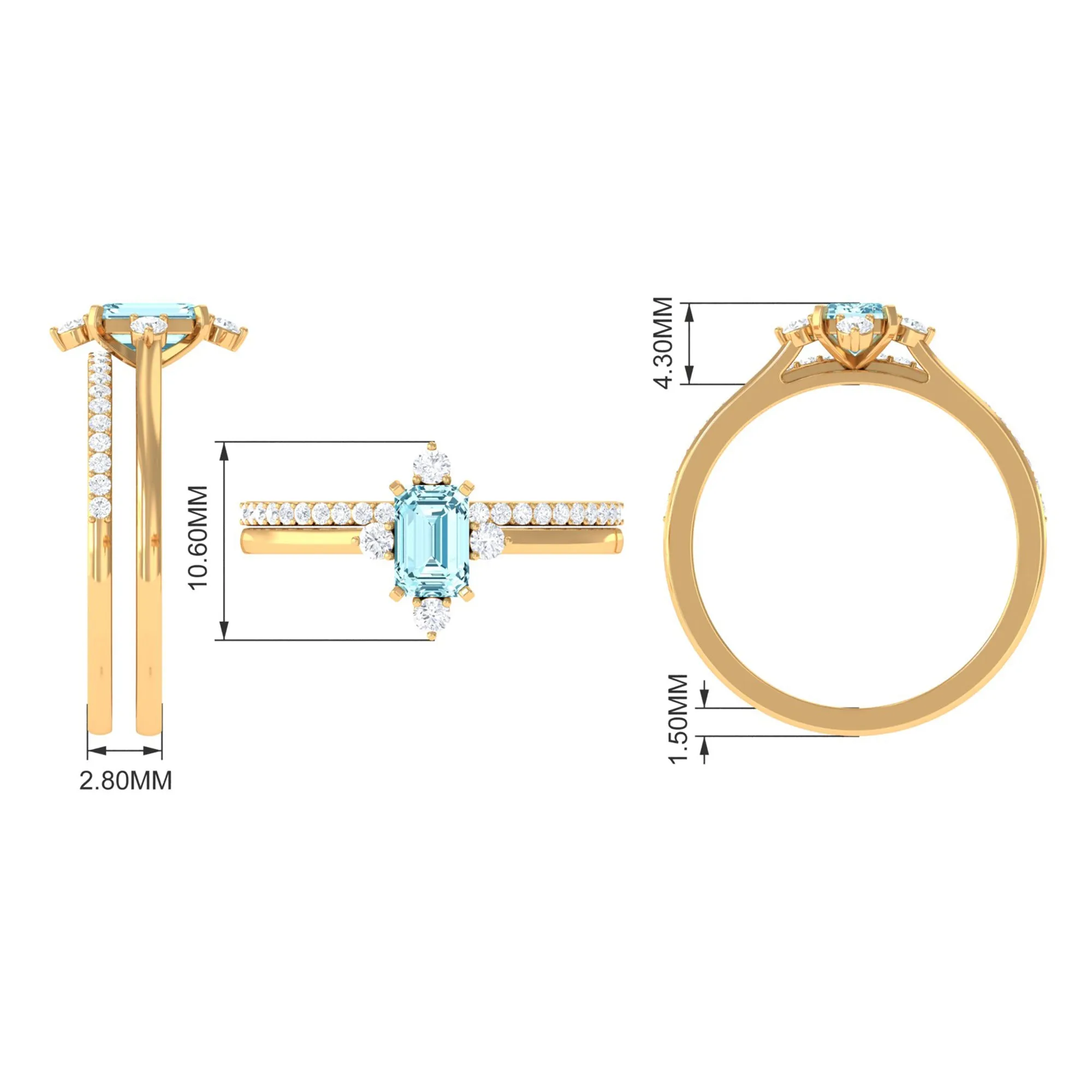 1.25 Ct Octagon Solitaire Aquamarine and Diamond Ring Set