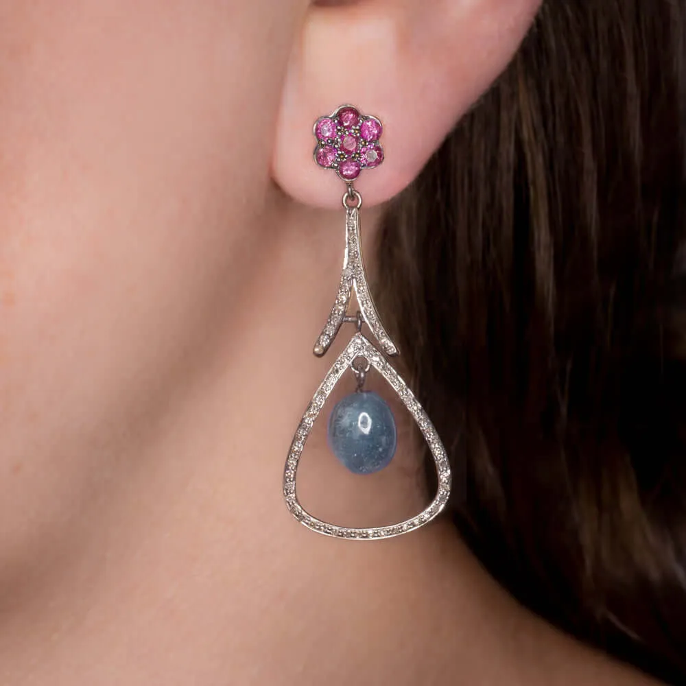 12ct NATURAL DIAMOND SAPPHIRE RUBY DANGLE EARRINGS BOHO STATEMENT DROP BLUE RED