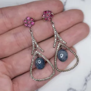 12ct NATURAL DIAMOND SAPPHIRE RUBY DANGLE EARRINGS BOHO STATEMENT DROP BLUE RED