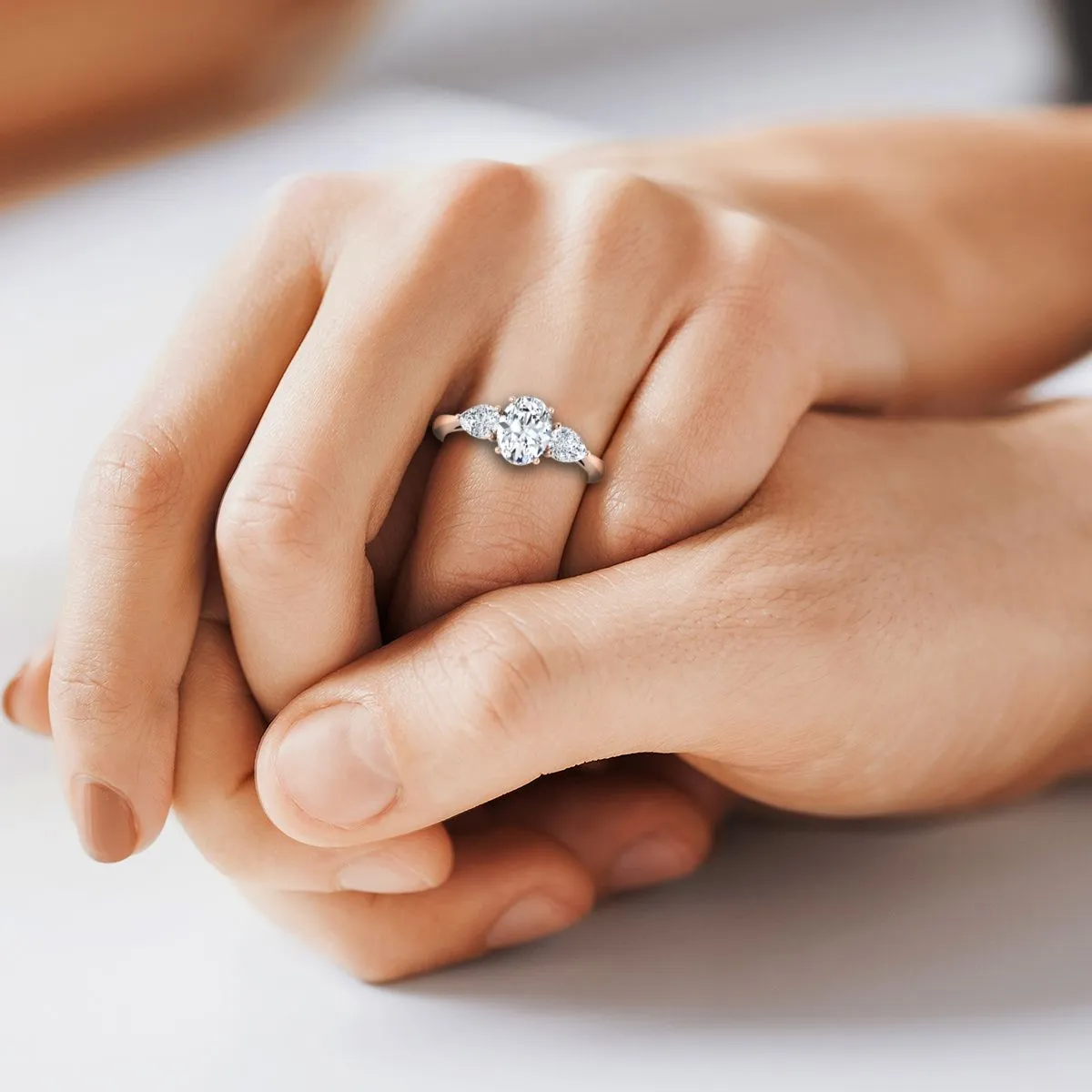 14K Rose Gold Oval Aquamarine Perfectly Matched Pear Shaped Three Diamond Engagement Ring -7/8ctw
