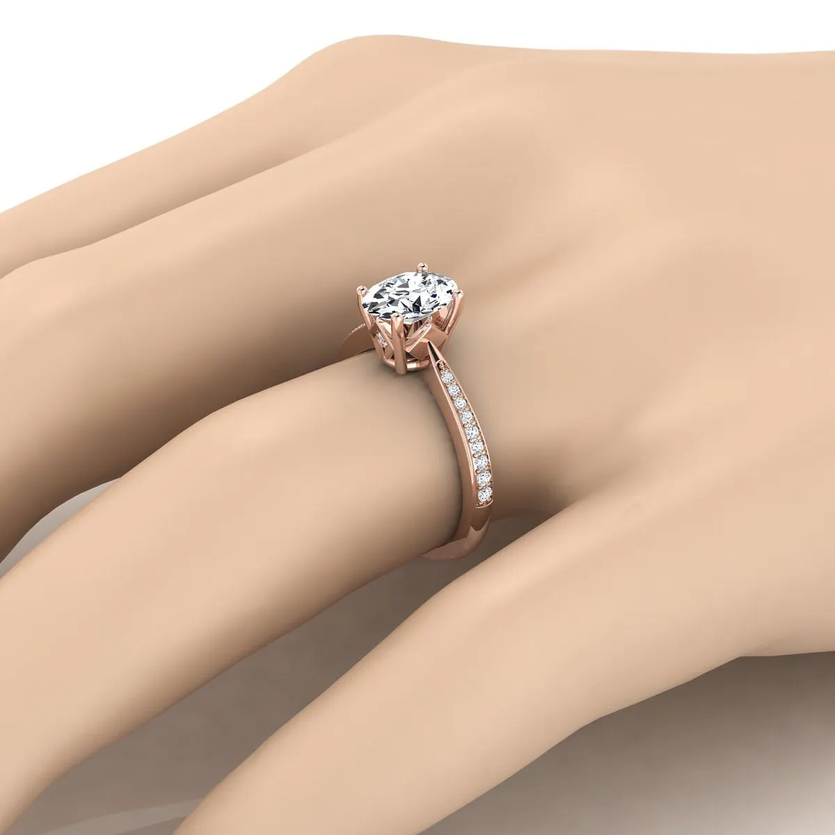 14K Rose Gold Oval Aquamarine Tapered Pave Diamond Engagement Ring -1/8ctw