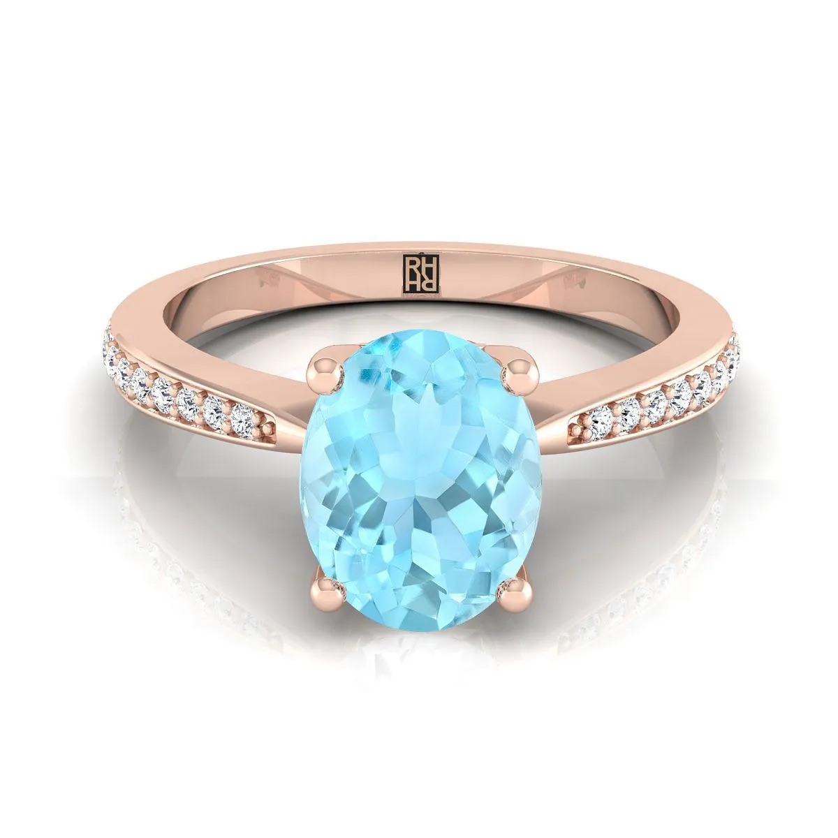 14K Rose Gold Oval Aquamarine Tapered Pave Diamond Engagement Ring -1/8ctw