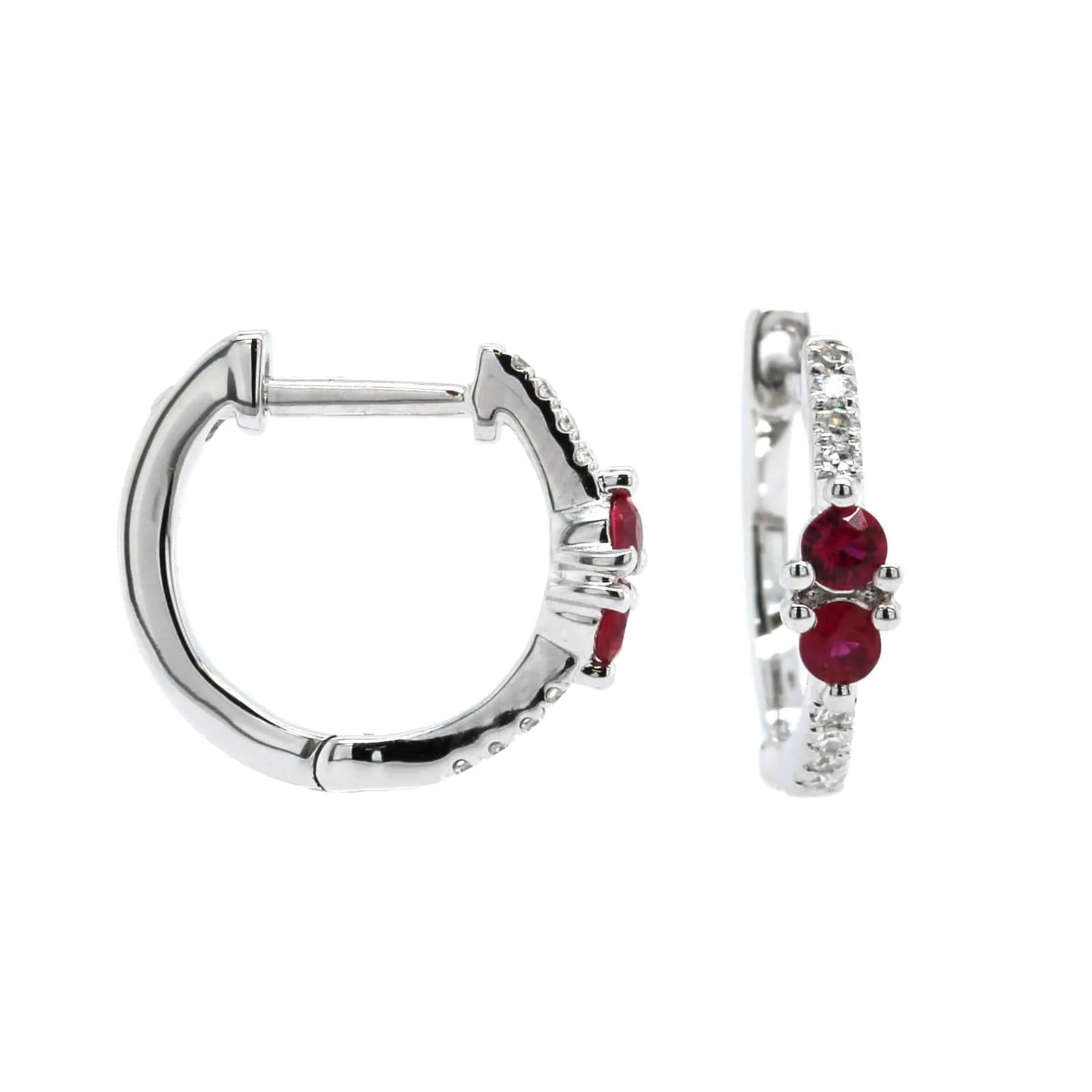 14K White Gold Diamond & Ruby Huggie Earrings