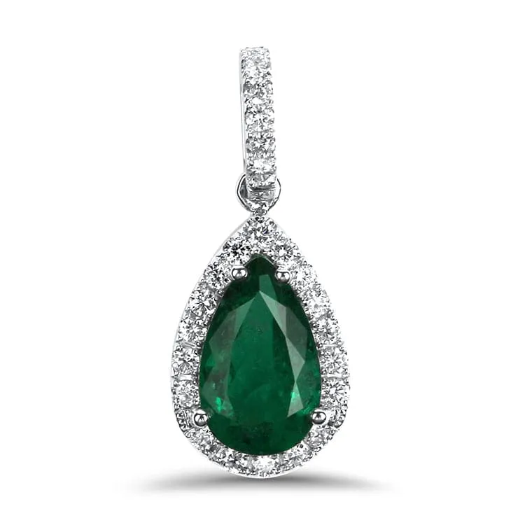 14k White Gold Pear Cut Emerald Diamond Pendant