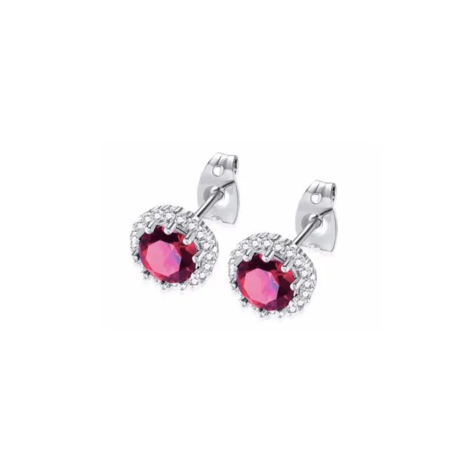 14k White Gold Plated 2 Ct Created Halo Round Ruby Stud Earrings