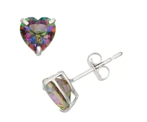 14k White Gold Plated 3 Carat Heart Created  Mystic Topaz Stud Earrings