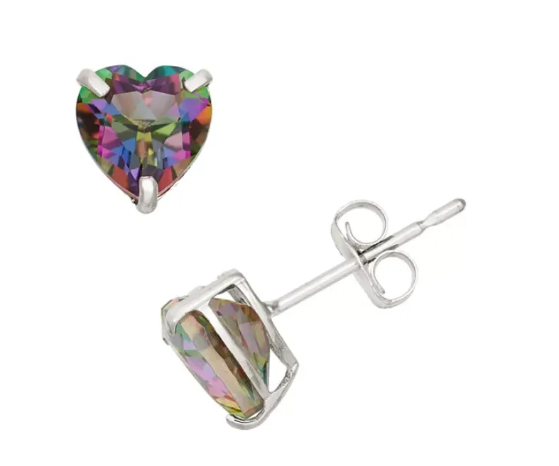 14k White Gold Plated 3 Carat Heart Created  Mystic Topaz Stud Earrings