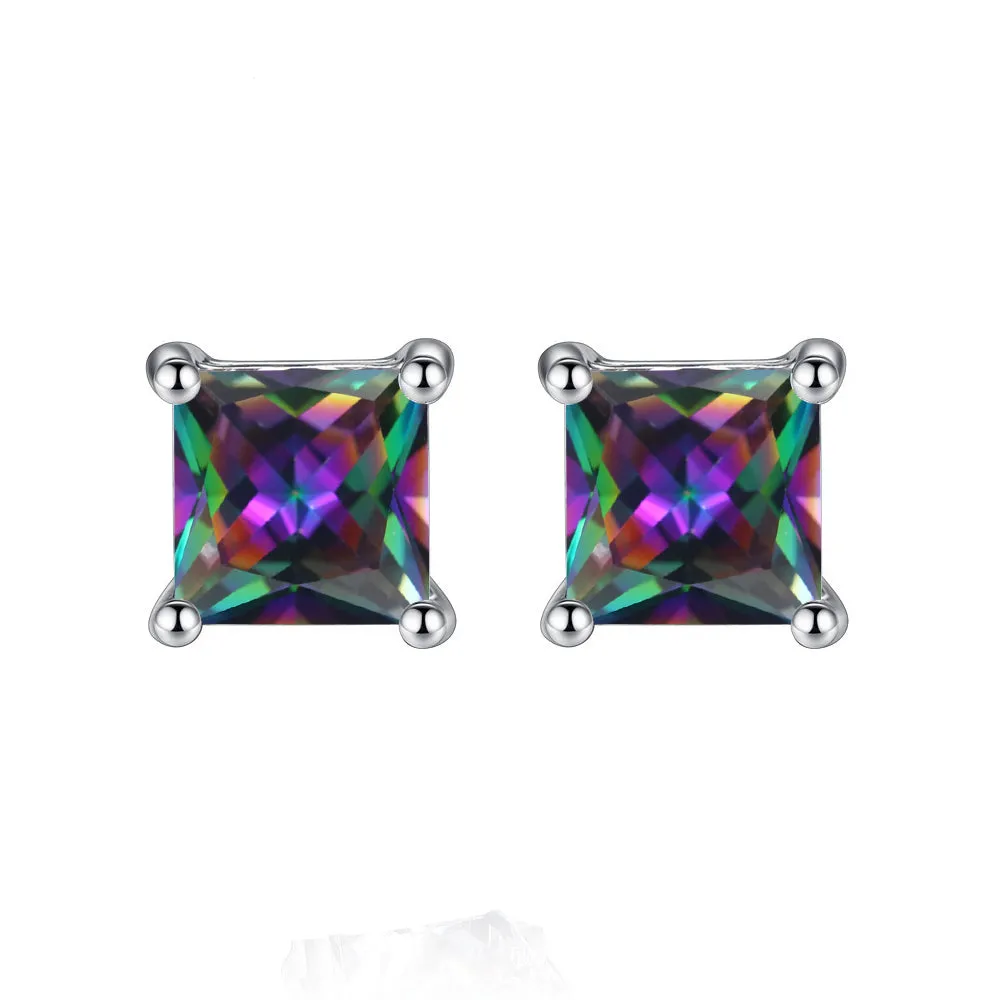 14k White Gold Plated 4 Carat Square Created Mystic Topaz Stud Earrings