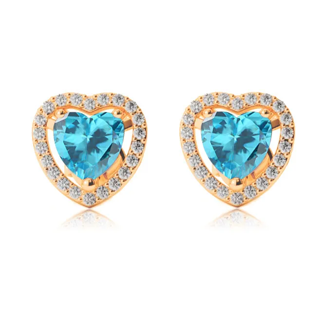 14k Yellow Gold Plated 1/2 Ct Created Halo Heart Blue Topaz Stud Earrings