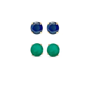 14k Yellow Gold Plated 3Ct Created Blue Sapphire and Emerald 2 Pair Round Stud Earrings