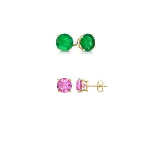 14k Yellow Gold Plated 3Ct Created Emerald and Pink sapphire 2 Pair Round Stud Earrings