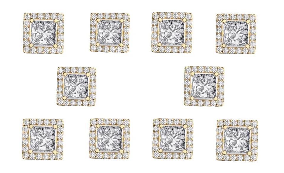 14k Yellow Gold Plated 4Ct Square Cut White Sapphire Set of Five Halo Stud Earrings