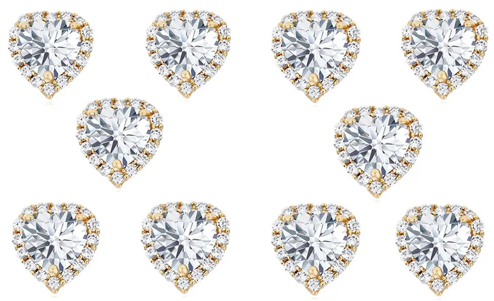 14k Yellow Gold Plated 4mm 3Ct Heart White Sapphire Set of Five Halo Stud Earrings