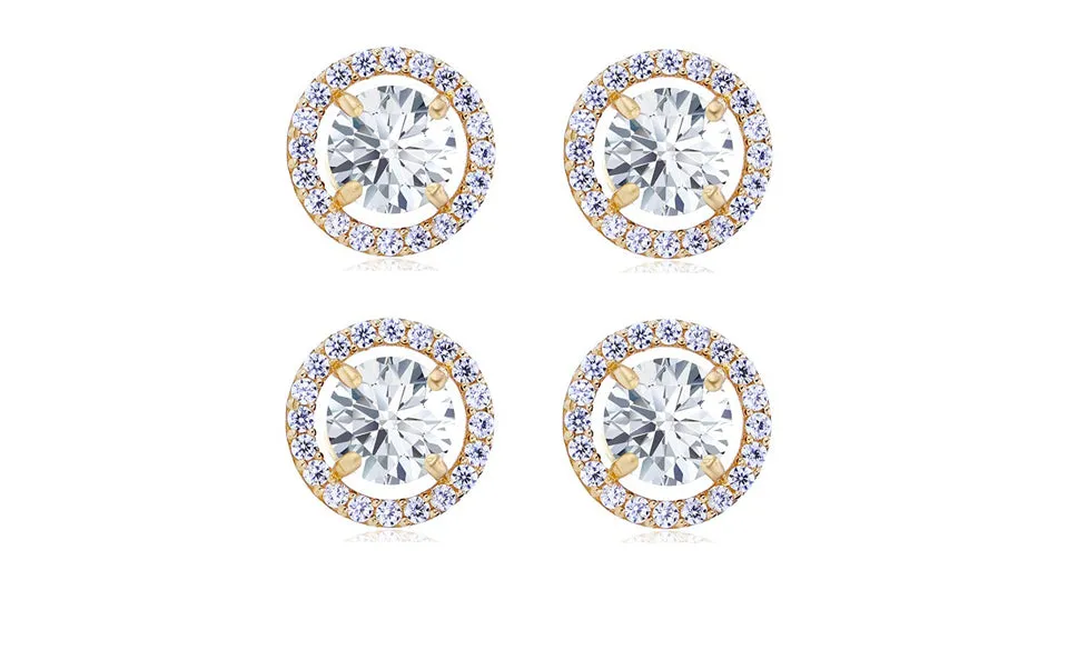 14k Yellow Gold Plated 6mm 1Ct Round White Sapphire Set Of Two Halo Stud Earrings