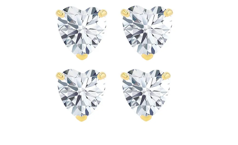 14k Yellow Gold Plated 6mm 4Ct Heart White Sapphire Set Of Two Stud Earrings