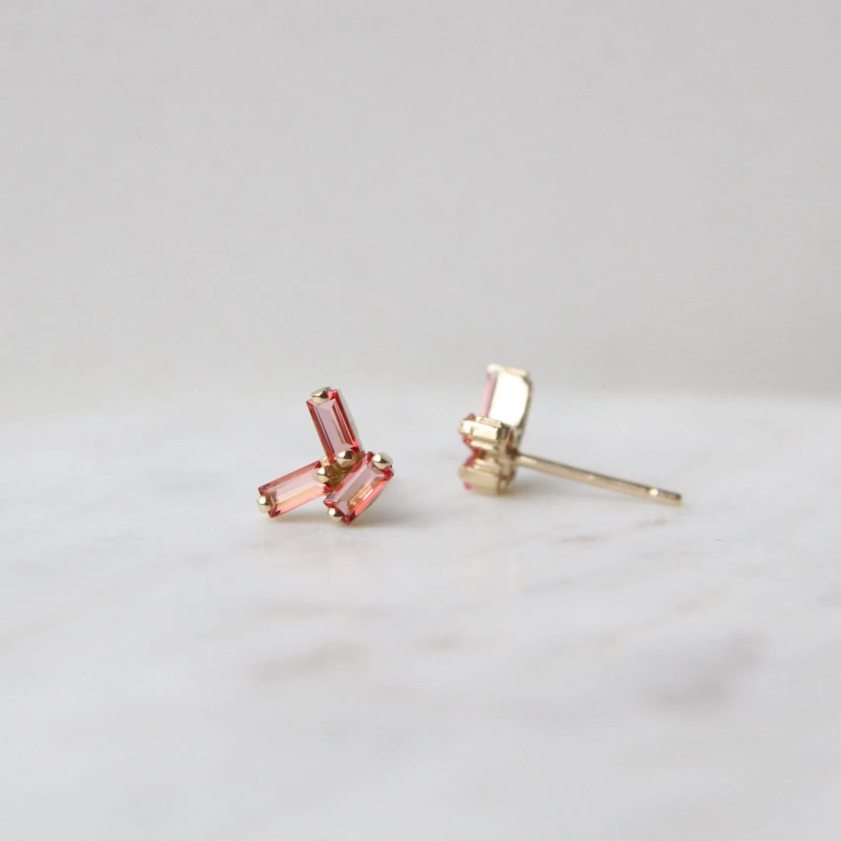 14k Yellow Gold Salmon Topaz Scattered Baguette Earrings