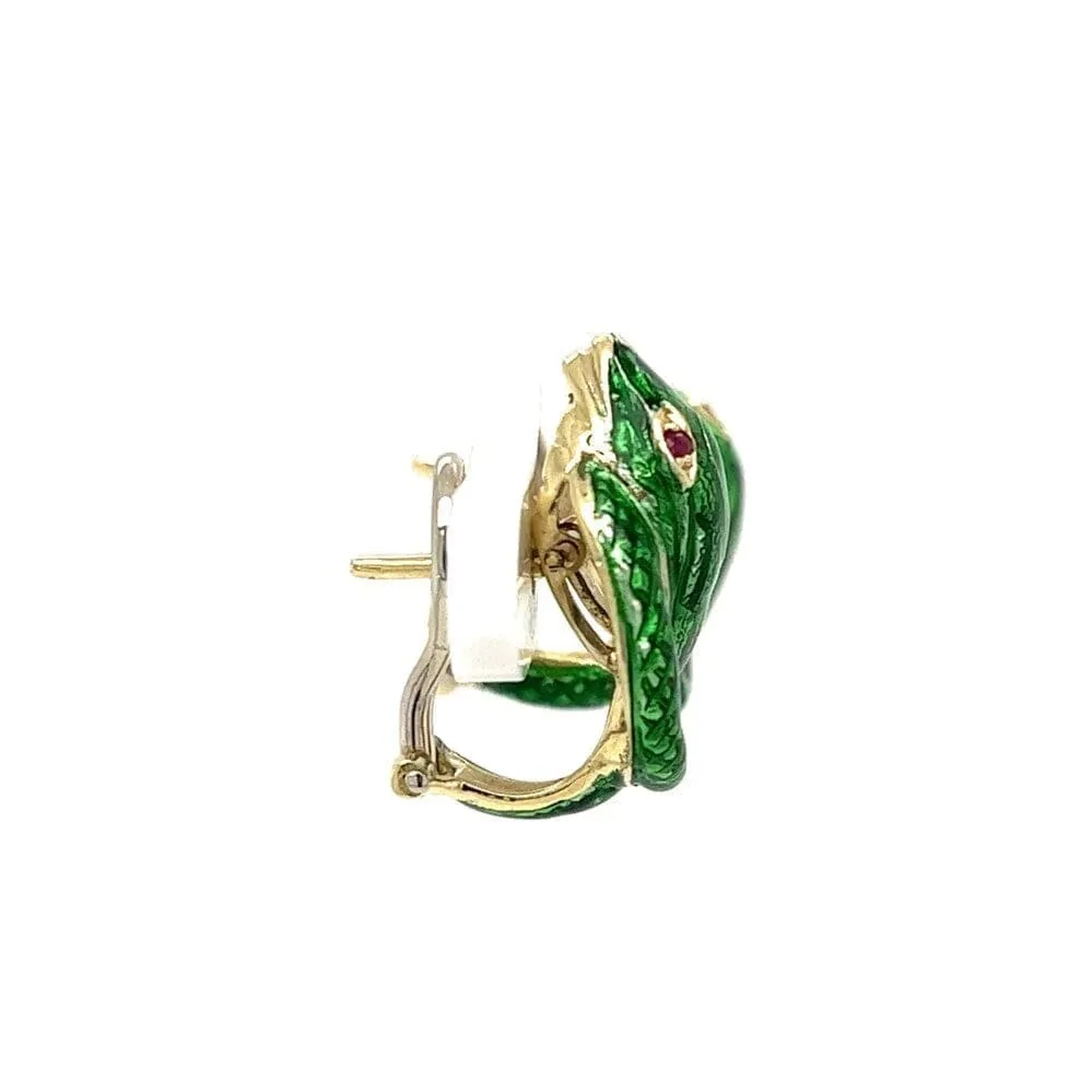 14K YG VICTOR MAYER Green Enamel Serpent Earrings w/Ruby Eyes 9.0g Regard Jewelry Austin,