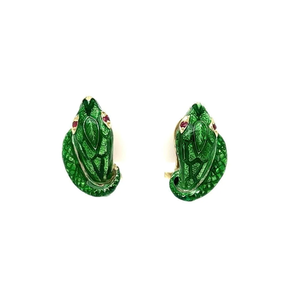 14K YG VICTOR MAYER Green Enamel Serpent Earrings w/Ruby Eyes 9.0g Regard Jewelry Austin,
