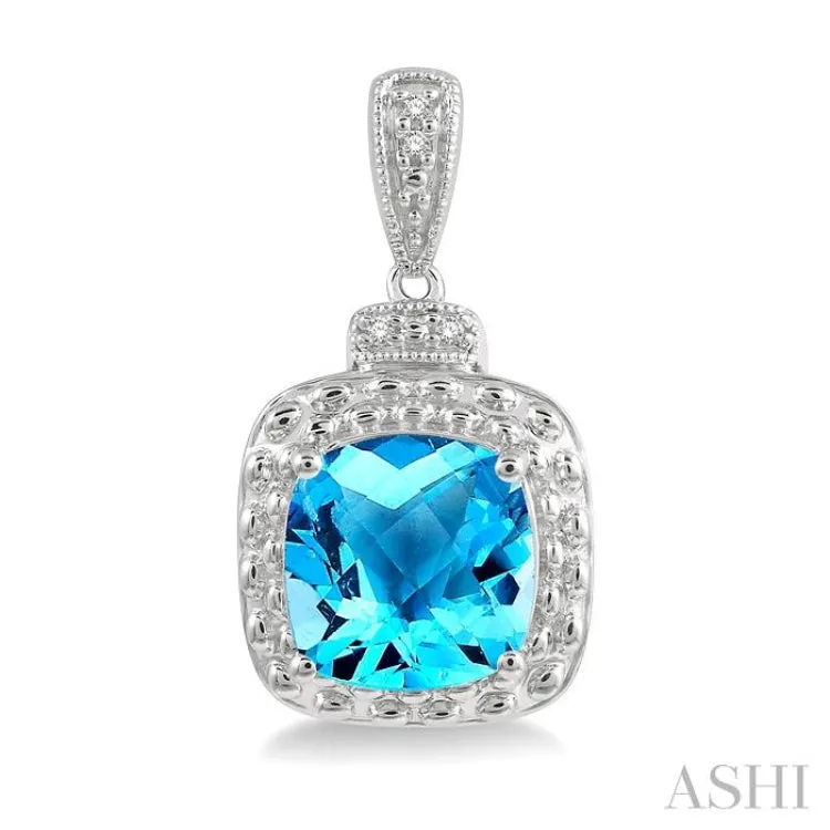 1/50 ctw Round Cut Diamond & 8x8MM Cushion Cut Blue Topaz Semi Precious Earring in Silver