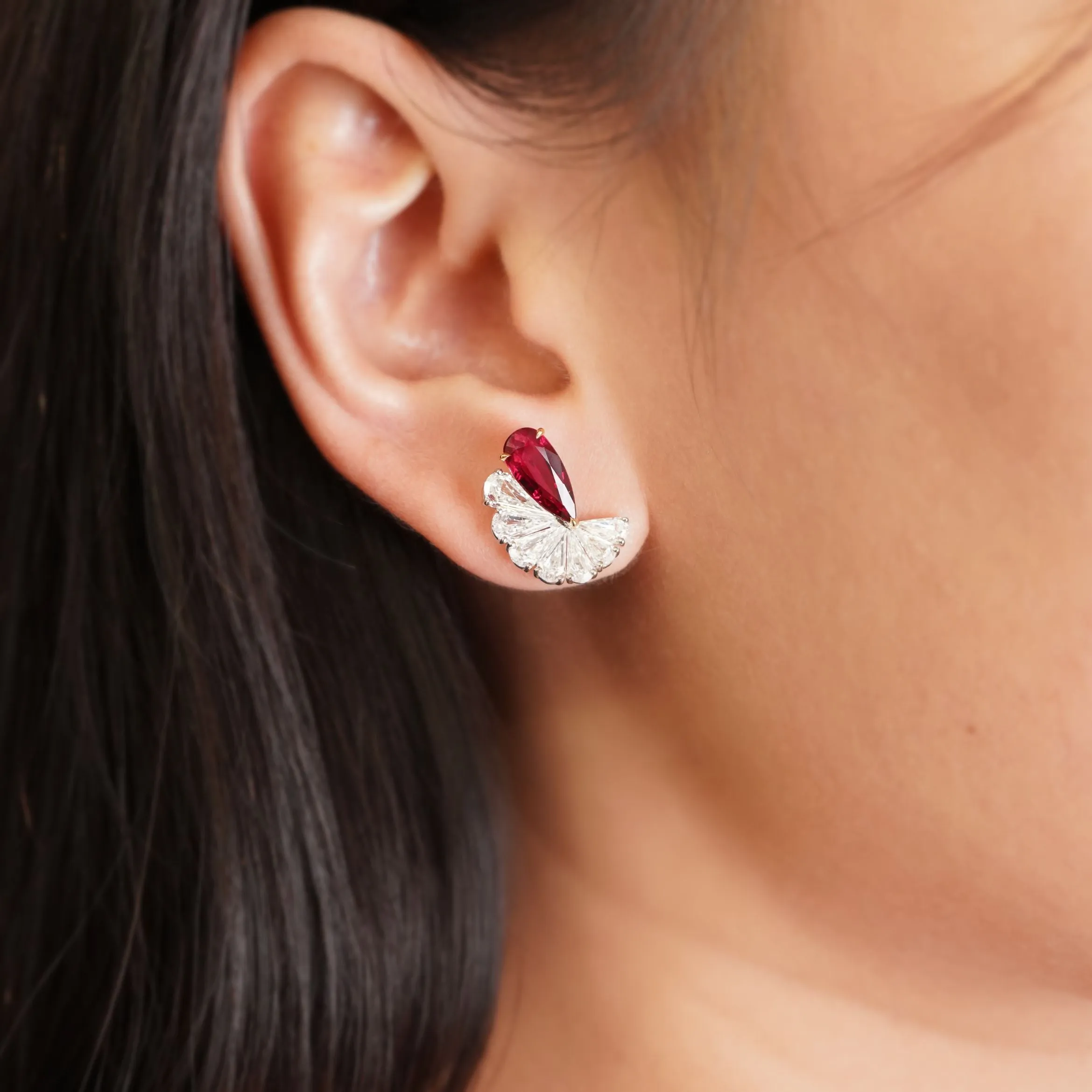 1.582 / 1.514 cts Pear Shape Ruby with Diamond Earrings