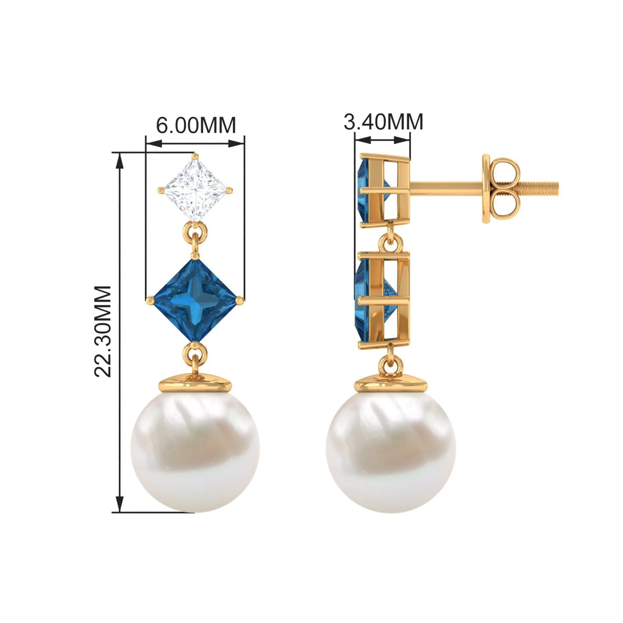 16.5 CT Freshwater Pearl and London Blue Topaz Dangle Drop Earrings with Moissanite