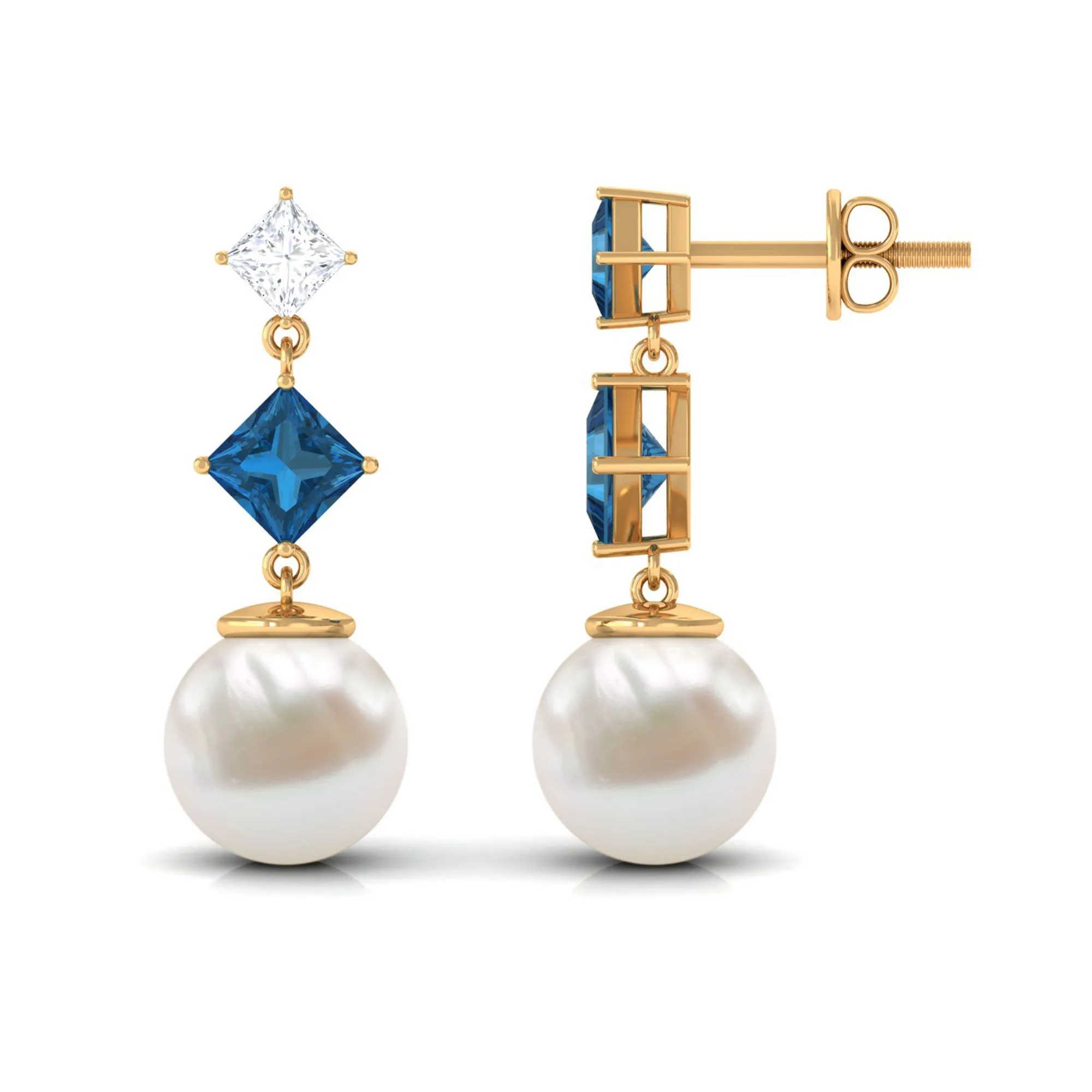 16.5 CT Freshwater Pearl and London Blue Topaz Dangle Drop Earrings with Moissanite