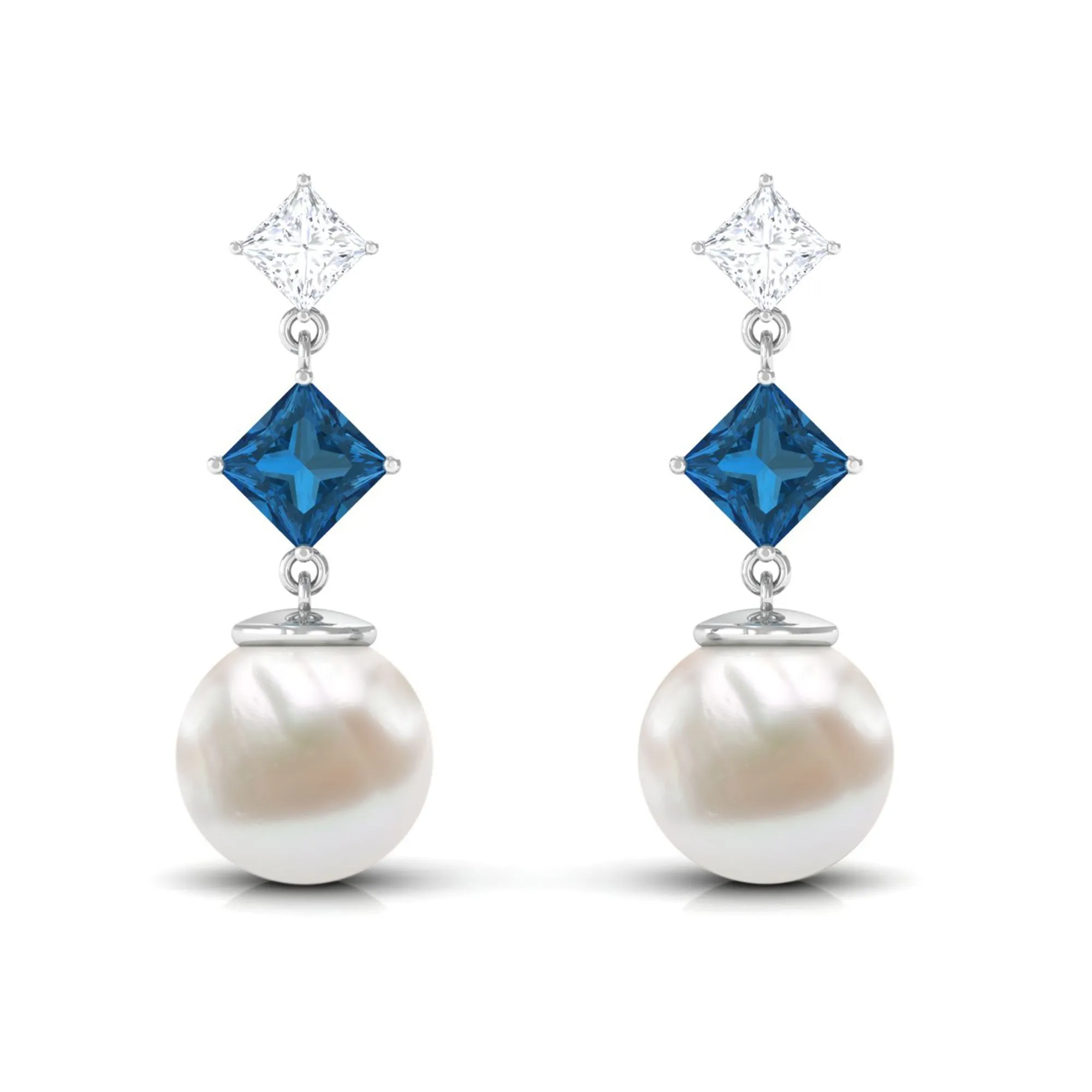 16.5 CT Freshwater Pearl and London Blue Topaz Dangle Drop Earrings with Moissanite