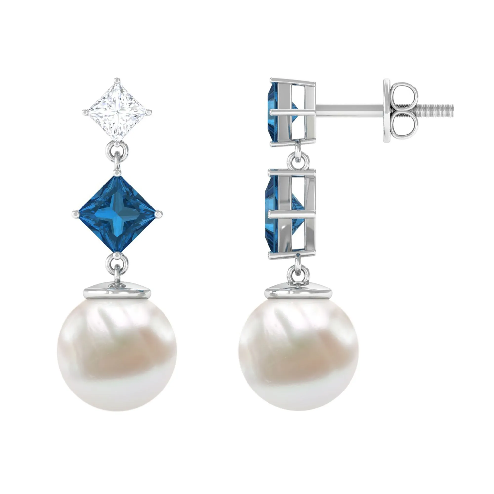16.5 CT Freshwater Pearl and London Blue Topaz Dangle Drop Earrings with Moissanite