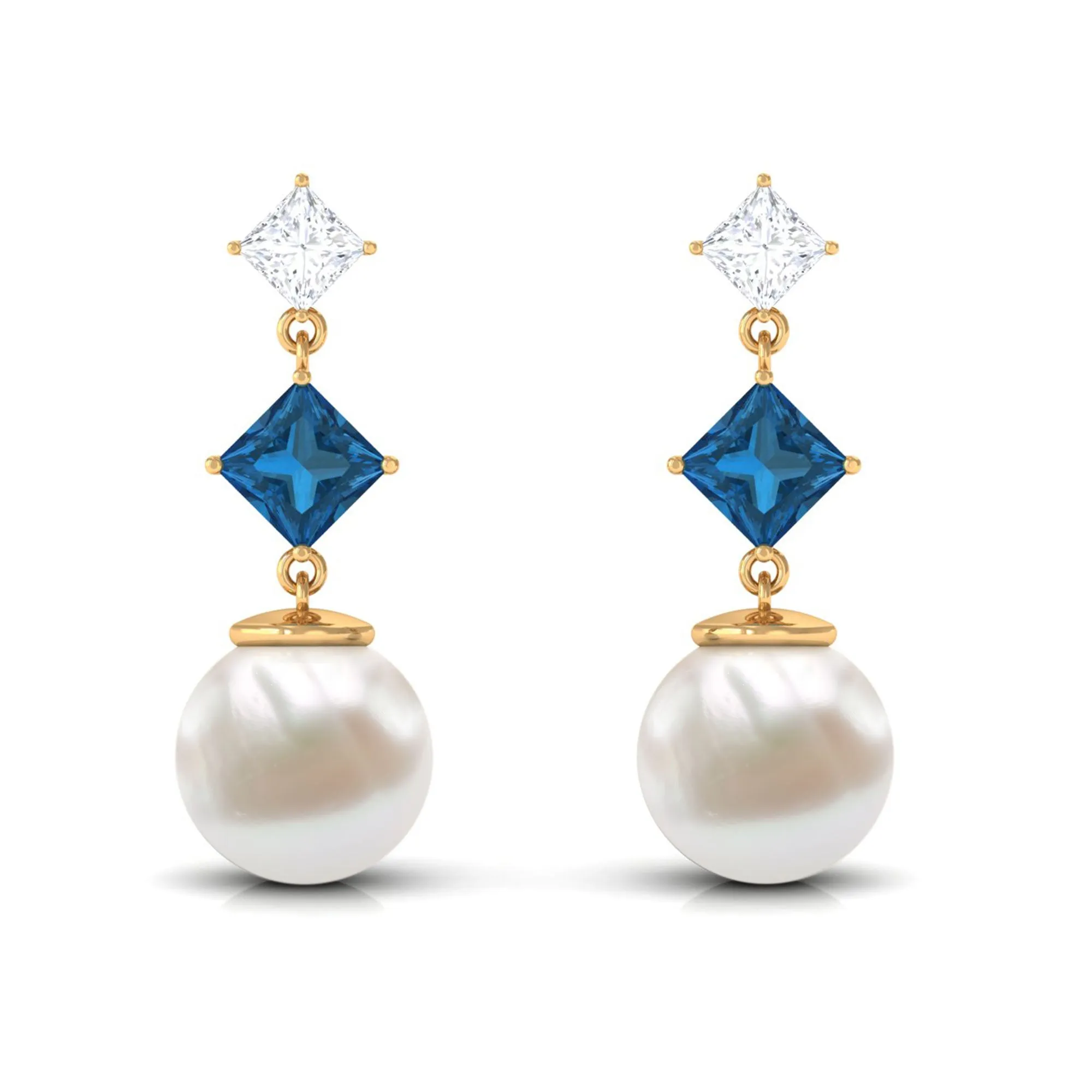 16.5 CT Freshwater Pearl and London Blue Topaz Dangle Drop Earrings with Moissanite