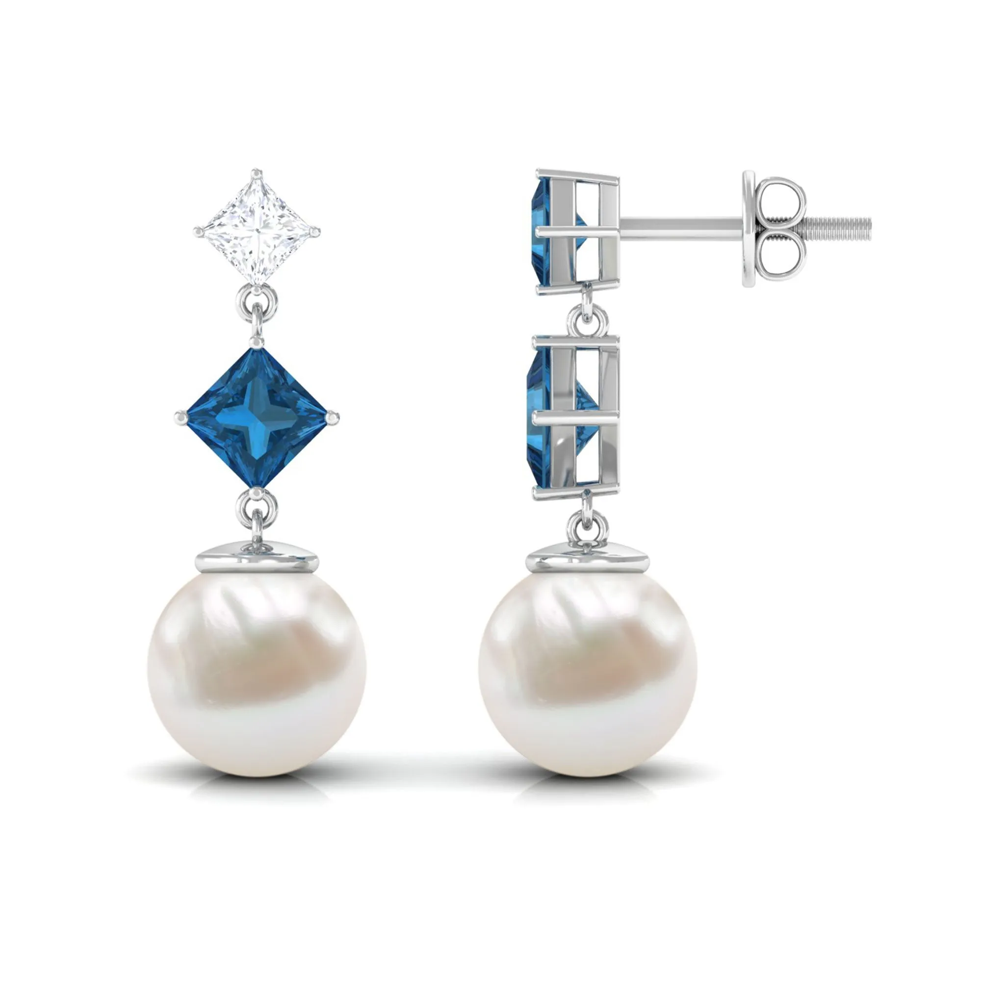 16.5 CT Freshwater Pearl and London Blue Topaz Dangle Drop Earrings with Moissanite