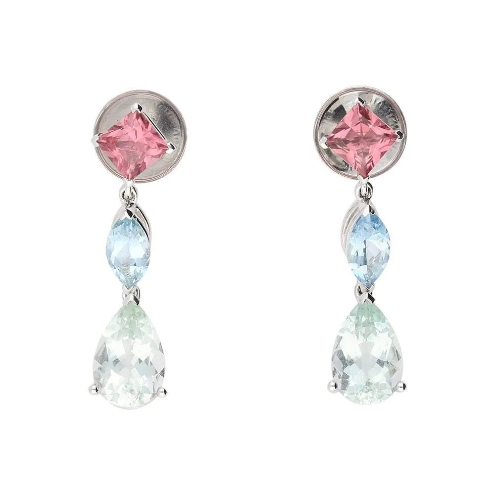 18ct White gold green  beryl , pink tourmaline and aqua drop earrings