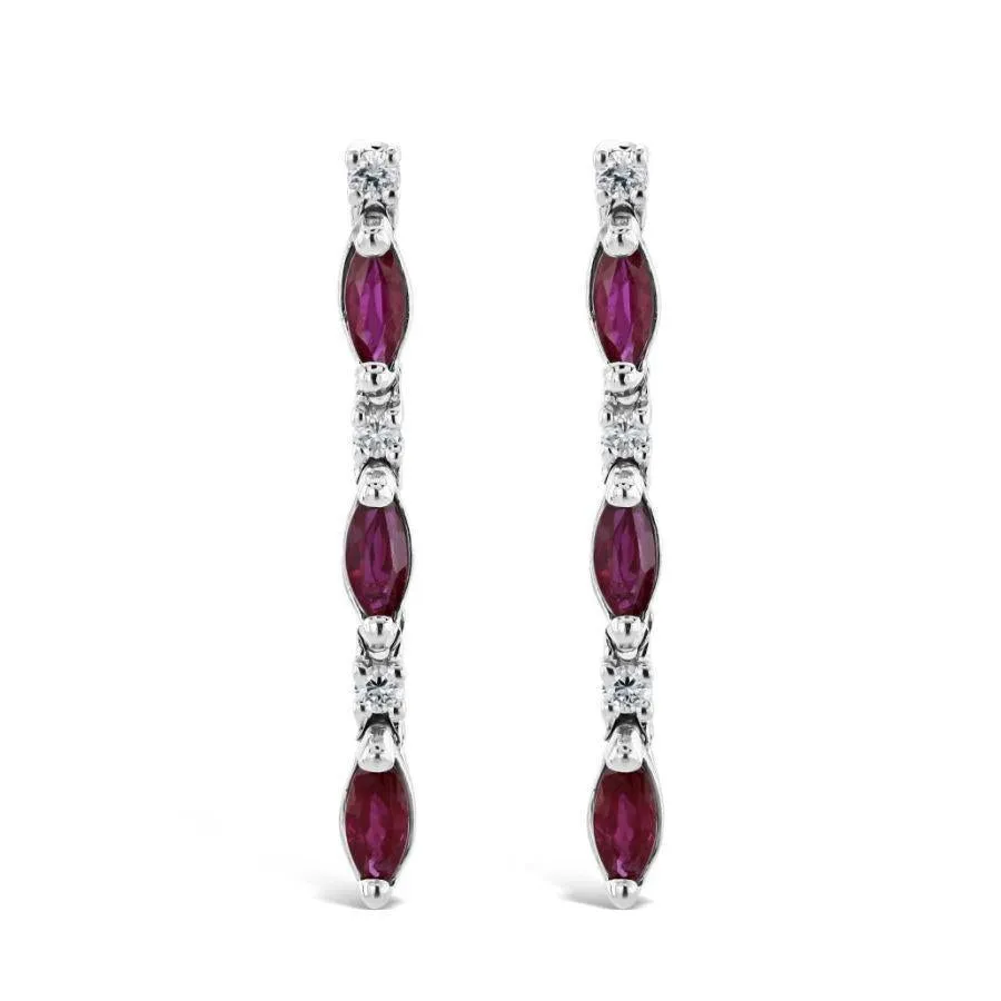 18ct White Gold Marquise Cut Ruby & Diamond Line Drop Earrings