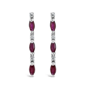 18ct White Gold Marquise Cut Ruby & Diamond Line Drop Earrings