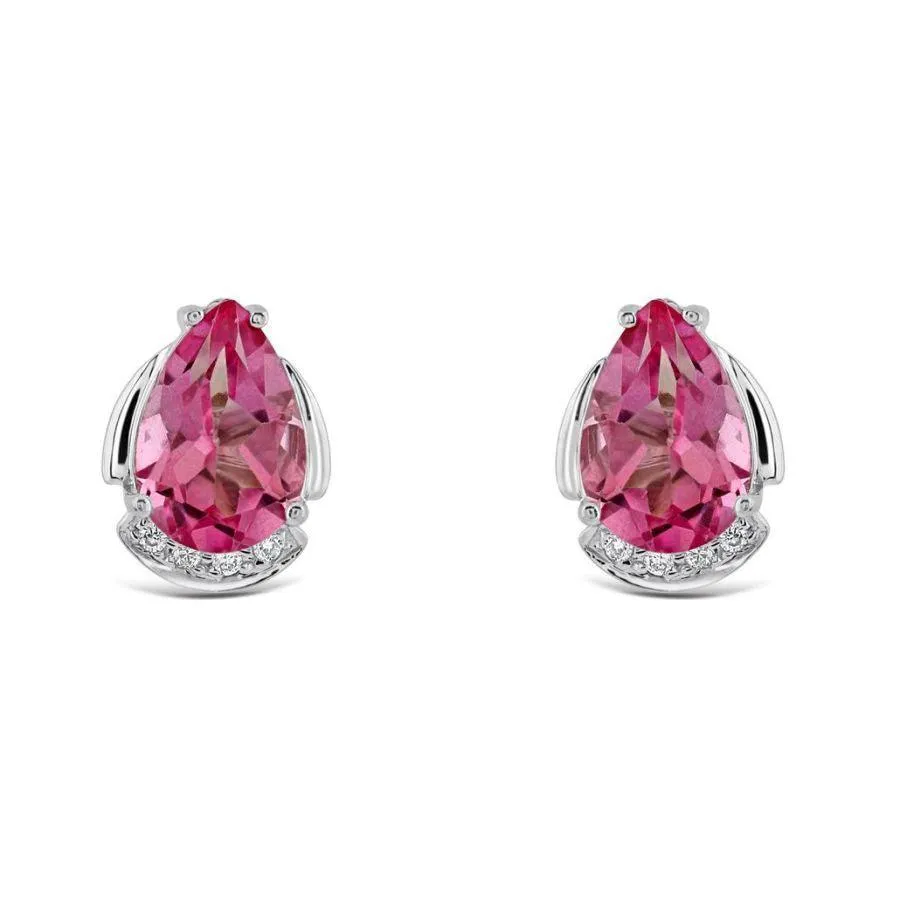 18ct White Gold Pear Cut Pink Topaz & Diamond Stud Earrings