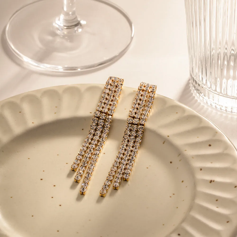 18K Gold Exquisite Dazzling Inlaid White Zircon Tassel Pendant Design Versatile Earrings Jewelry