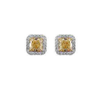 18K White and Yellow Gold Square Fancy Yellow Diamond Stud Earrings with Halo