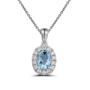 18K White Gold Oval Aquamarine with Diamond Halo Pendant