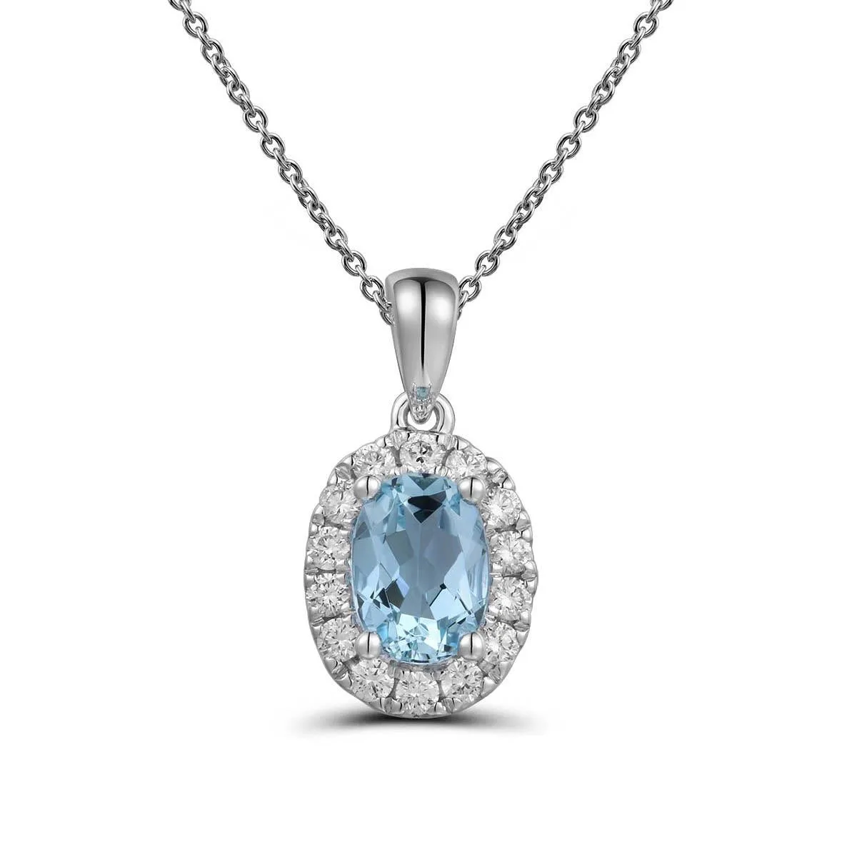 18K White Gold Oval Aquamarine with Diamond Halo Pendant