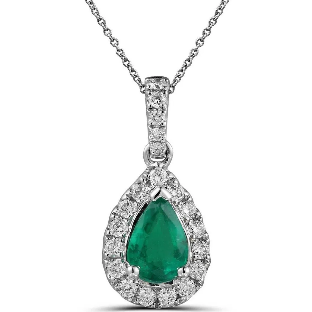 18K White Gold Pear Emerald with Diamond Halo Pendant