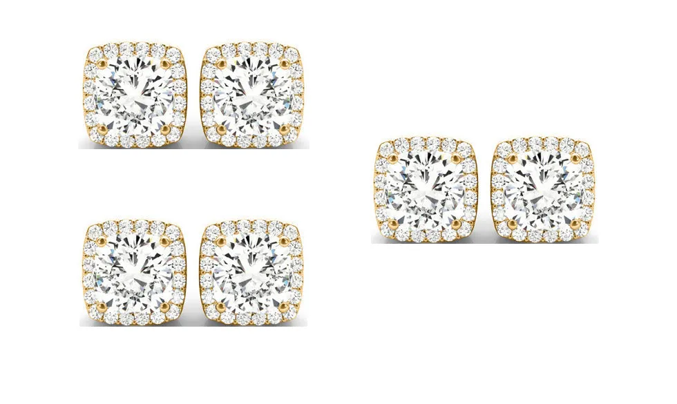 18k Yellow Gold 4mm 1/2Ct Cushion Cut White Sapphire Set Of Three Halo Stud Earrings Plated