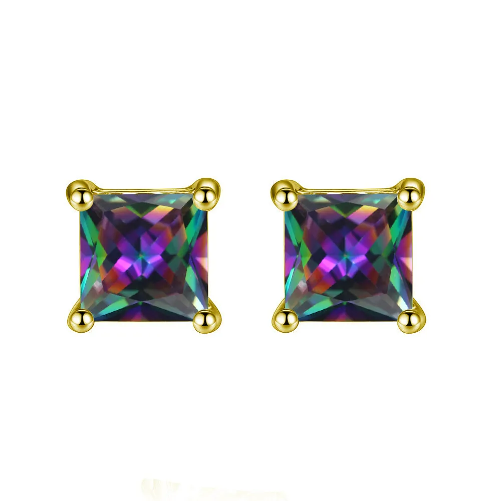 18k Yellow Gold Plated 1/4 Carat Princess Cut Created Mystic Topaz Stud Earrings 4mm