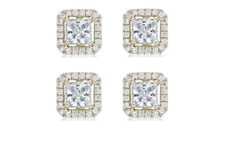 18k Yellow Gold Plated 1Ct Princess Cut White Sapphire Set of Two Halo Stud Earrings