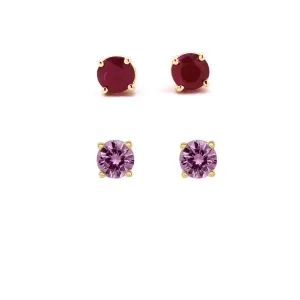 18k Yellow Gold Plated 2Ct Created Ruby and Pink Sapphire 2 Pair Round Stud Earrings