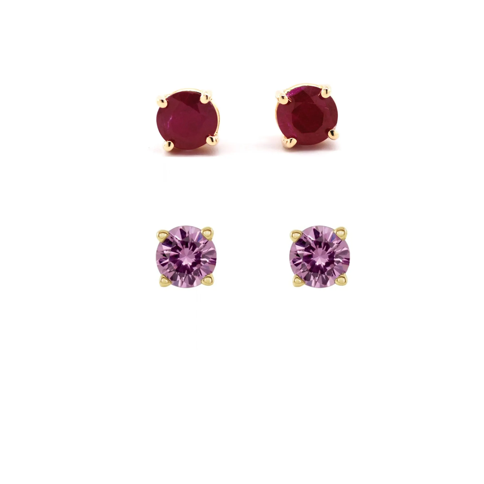 18k Yellow Gold Plated 2Ct Created Ruby and Pink Sapphire 2 Pair Round Stud Earrings