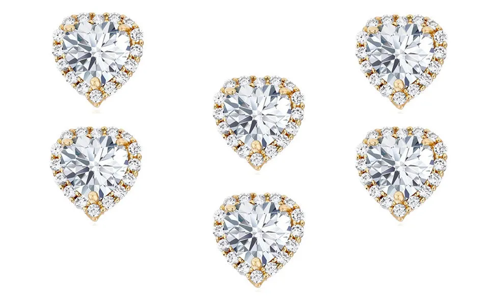 18k Yellow Gold Plated 4mm 1Ct Heart White Sapphire Set of Three Halo Stud Earrings